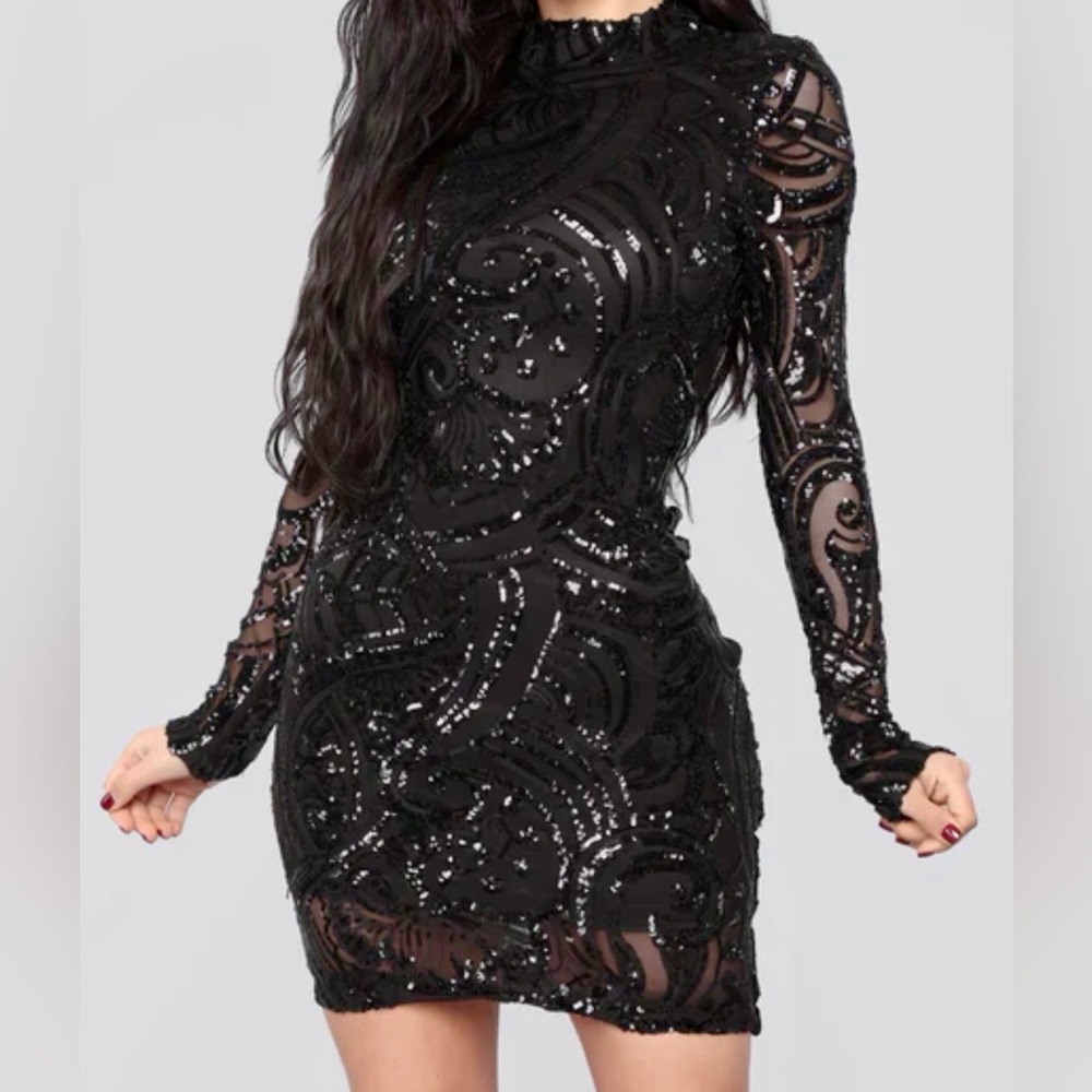 Fashion Nova Black Sequin Long Sleeve Dress
